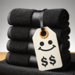 DALL·E 2024 01 15 10.37.26 Image depicting affordability with black towels A price tag with a smiling face on it attached to a stack of neatly folded black towels symbolizing