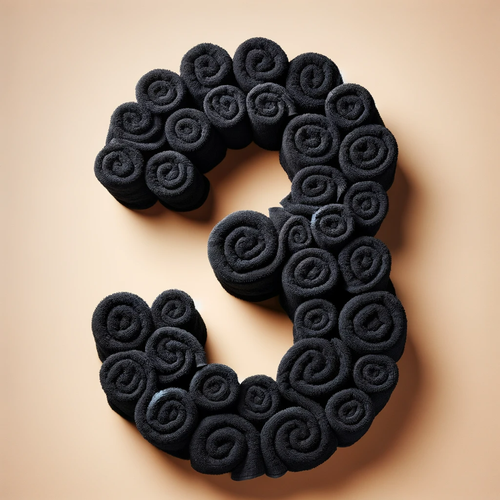 DALL·E 2024-01-15 12.48.30 - Image of the number '3' created using black towels_ A visually striking arrangement of black towels shaped to form the number three, showcasing artist