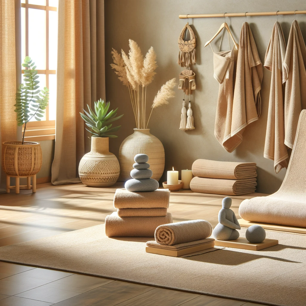 A peaceful yoga studio setting with yoga mats and meditation cushions, featuring neatly arranged towels in the color of sand, enhancing the calm and natural environment suitable for yoga practitioners.